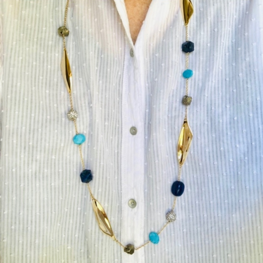 ALEXIS BITTAR NEW Gold Long Lapis Turquoise Pyrite Bead Chain  Gemstone Necklace